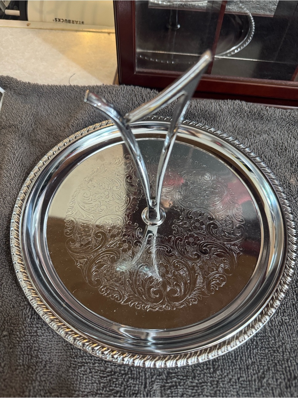 Ornate Silver Tone Serving Stand - Elegant Silver Finish vintage rare handle